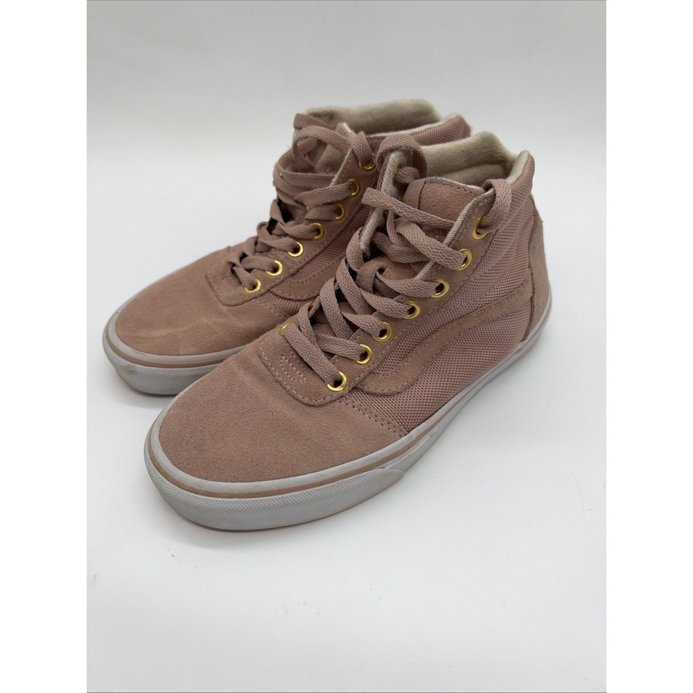 Vans Womens 6.5 Pink Suede Canvas Mid High Top Skate Shoes Gold Eyelets